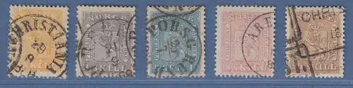 Norwegen 1863 Freimarken Wappen Wertziffer links Mi-Nr. 6-10 Satz 5 Werte kpl. O