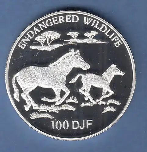 Djibouti 1994 Silbermünze ENDANGERED WILDLIFE Zebras 100 DJF PP