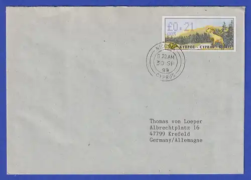 Zypern Amiel-ATM 1999  Mi-Nr. 4 Aut.-Nr. 003 Wert 0,21 auf FDC nach D