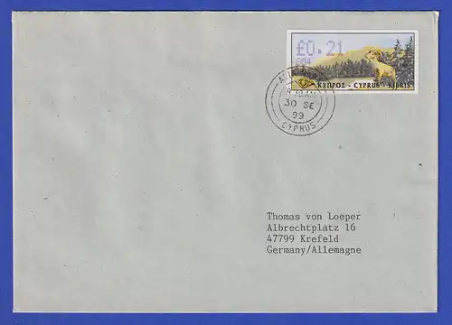 Zypern Amiel-ATM 1999 Mi-Nr. 4 Aut.-Nr.004 Wert 0,21 auf FDC nach D