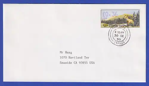 Zypern Amiel-ATM 1999 Mi-Nr. 4 Aut.-Nr.004 Wert 0,36 auf FDC in die USA