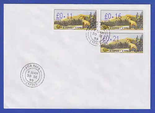 Zypern Amiel-ATM 1999 Mi-Nr. 4 Aut.-Nr.004 Werte 0,11-0,16-0,21 auf blanco-FDC 