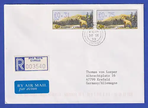 Zypern Amiel-ATM 1999 Mi-Nr. 4 Aut.-Nr.004 Werte 0,31 und 0,75 auf R-FDC nach D