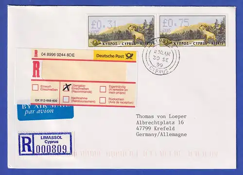 Zypern Amiel-ATM 1999 Mi-Nr. 4 Aut.-Nr.005 Werte 0,31 und 0,75 auf R-FDC nach D