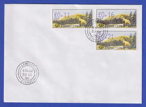 Zypern Amiel-ATM 1999 Mi-Nr. 4 Aut.-Nr.005 Werte 0,11-0,16-0,21 auf blanco-FDC