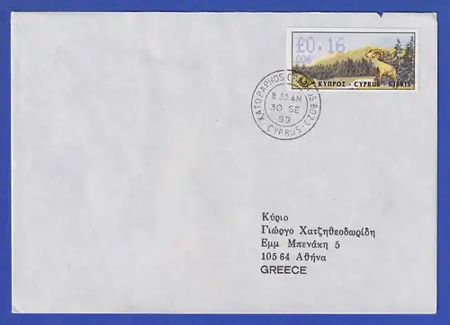 Zypern Amiel-ATM 1999 Mi-Nr. 4 Aut.-Nr.006 Wert 0,16 auf FDC nach GR