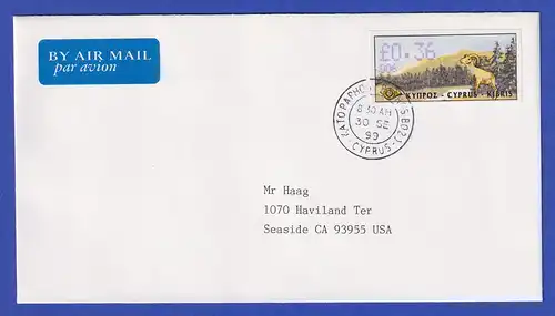 Zypern Amiel-ATM 1999 Mi-Nr. 4 Aut.-Nr.006 Wert 0,36 auf FDC in die USA