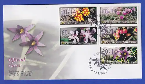 Zypern Amiel-ATM 2002 Blumen Mi-Nr. 5-9 mit Aut.-Nr. 005 auf offiz. FDC 