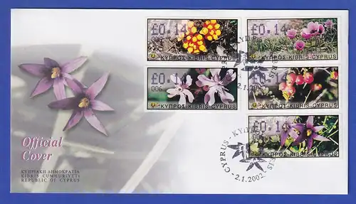 Zypern Amiel-ATM 2002 Blumen Mi-Nr. 5-9 mit Aut.-Nr. 006 auf offiz. FDC 