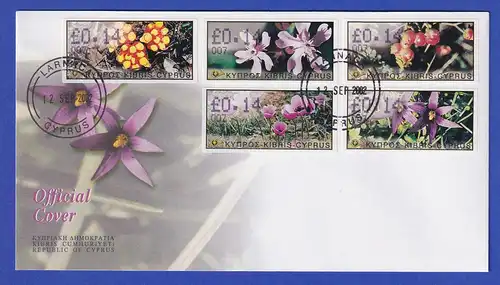 Zypern Amiel-ATM 2002 Blumen Mi-Nr. 5-9 mit Aut.-Nr. 007 auf offiz. FDC 