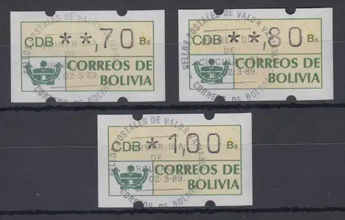 Bolivien / Bolivia ATM Satz 70-80-100 mit ET-O LP (La Paz) 2.3.89