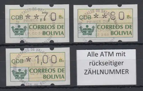 Bolivien / Bolivia ATM Satz 70-80-100 mit ET-O LP (La Paz) 2.3.89 mit Zählnummer