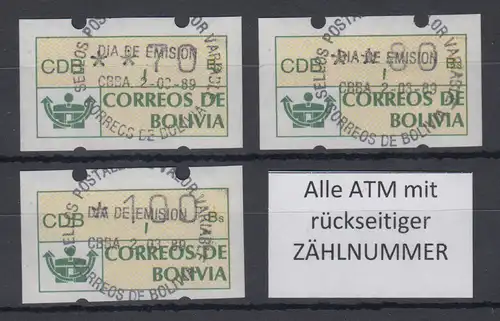 Bolivien / Bolivia ATM Satz 70-80-100 mit ET-O CBBA (Cochabamba) 2.3.89, ZN