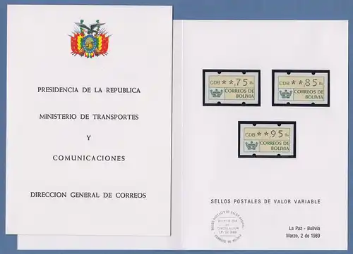 Bolivien / Bolivia ATM Satz 3 krumme Werte 75-85-95 **  im offiziellen Faltblatt