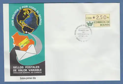 Bolivien / Bolivia ATM Wert 250 auf offiziellem FDC, ET-So.-O LP (La Paz) 