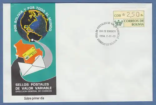 Bolivien / Bolivia ATM Wert 250 auf offiziellem FDC, ET-So.-O CBBA (Cochabamba) 