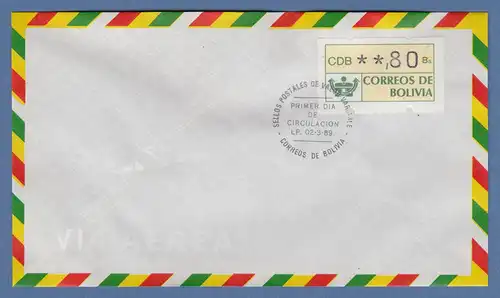 Bolivien / Bolivia ATM Wert 80 auf blanco-FDC, ET-So.-O LP (La Paz) 02.3.89