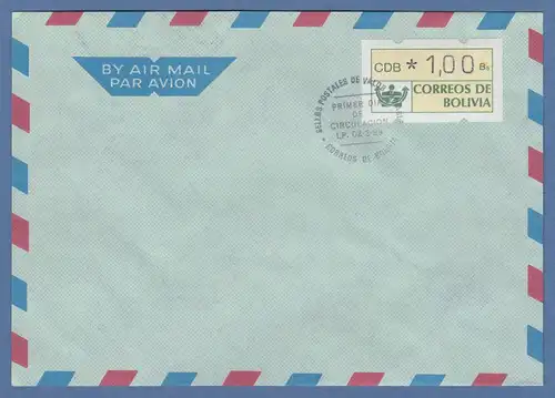 Bolivien / Bolivia ATM Wert 100 auf blanco-FDC, ET-So.-O LP (La Paz) 02.3.89