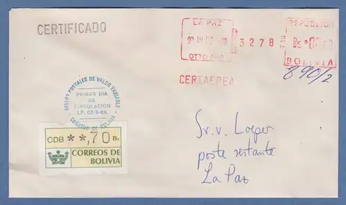 Bolivien / Bolivia ATM Wert 70 mit ET-O LP auf Inlands-R-FDC