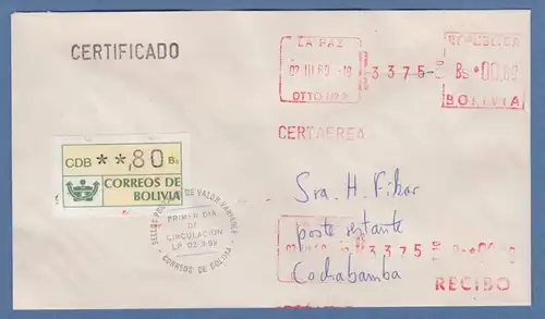 Bolivien / Bolivia ATM Wert 80 mit ET-O LP auf Inlands-R-FDC CERTIFICADO