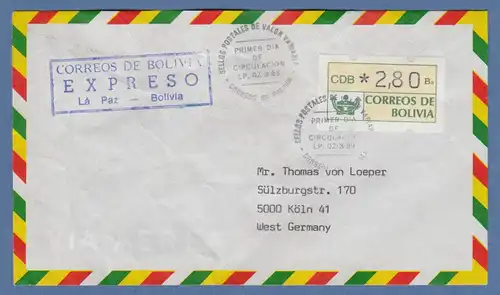 Bolivien / Bolivia ATM Wert 280 mit ET-O LP auf Express-FDC nach Deutschland