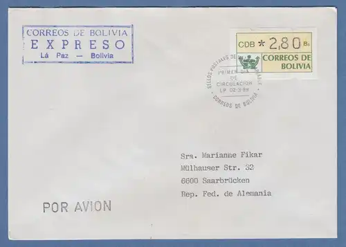 Bolivien / Bolivia ATM Wert 280 mit ET-O LP auf Express-FDC n. Deutschland