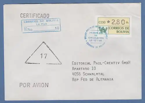 Bolivien / Bolivia ATM Wert 280 mit ET-O LP auf R-FDC n. D, O17, rücks. rt. ET-O