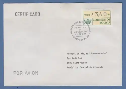 Bolivien / Bolivia ATM Wert 340 mit ET-O LP auf R-FDC nach D, rücks. rt. ET-O