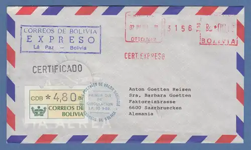 Bolivien / Bolivia ATM Wert 480 mit ET-O LP auf R-Express-FDC nach Deutschland 