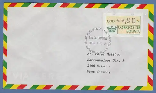 Bolivien / Bolivia ATM Wert 80 mit ET-O CBBA (Cochabamba) auf Lp-FDC nach D