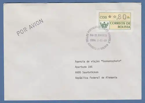 Bolivien / Bolivia ATM Wert 80 mit ET-O CBBA (Cochabamba) auf Lp-FDC n. D