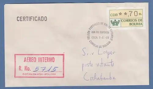 Bolivien / Bolivia ATM Wert 70 mit ET-O CBBA (Cochabamba) auf Inlands-R-FDC 