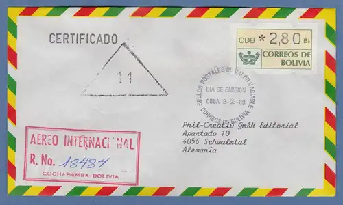 Bolivien / Bolivia ATM Wert 280 mit ET-O CBBA (Cochabamba) auf R-FDC nach D  O11