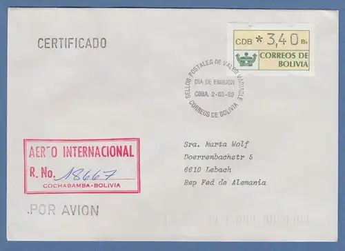 Bolivien / Bolivia ATM Wert 340 mit ET-O CBBA (Cochabamba) auf R-FDC nach D.