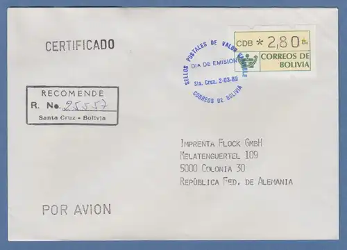 Bolivien / Bolivia ATM Wert 280 mit ET-O Sta. Cruz auf Lp.-R-FDC n. Deutschland