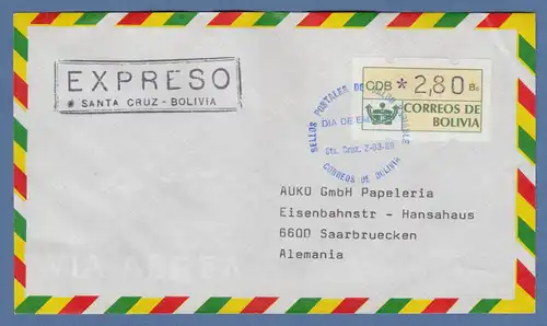 Bolivien / Bolivia ATM Wert 280 mit ET-O Sta. Cruz auf Lp.-Express-FDC n. D