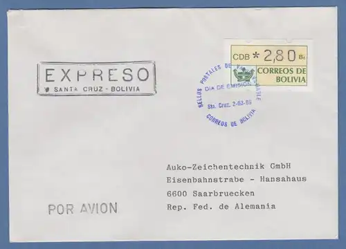 Bolivien / Bolivia ATM Wert 280 mit ET-O Sta. Cruz auf Lp.-Express-FDC nach D