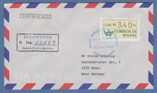 Bolivien / Bolivia ATM Wert 340 mit ET-O Sta. Cruz auf Lp.-R-FDC nach D