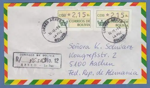 Bolivien / Bolivia ATM Wert 215 MEF auf R-Brief nach D, Tages-O La Paz 14.6.89