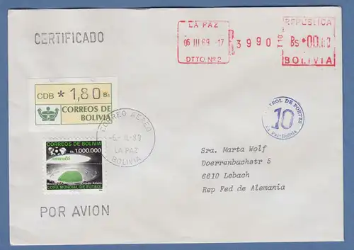 Bolivien / Bolivia ATM Wert 180 auf R-Brief nach D mit Tages-O La Paz 6.3.89