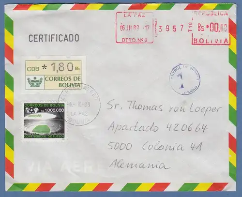Bolivien / Bolivia ATM Wert 180 auf Lp-R-Brief nach D mit Tages-O La Paz 6.3.89