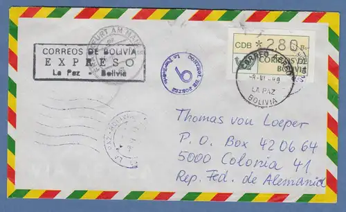 Bolivien / Bolivia ATM Wert 280 auf Lp-E-Brief nach D mit Tages-O La Paz 8.6.89