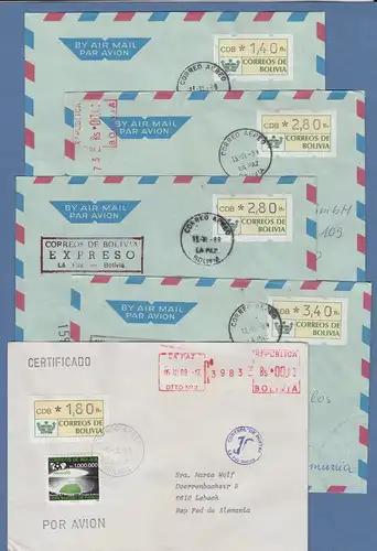 Bolivien / Bolivia ATM Lot 5 schöne Briefe aus der normalen Laufzeit. SELTEN 
