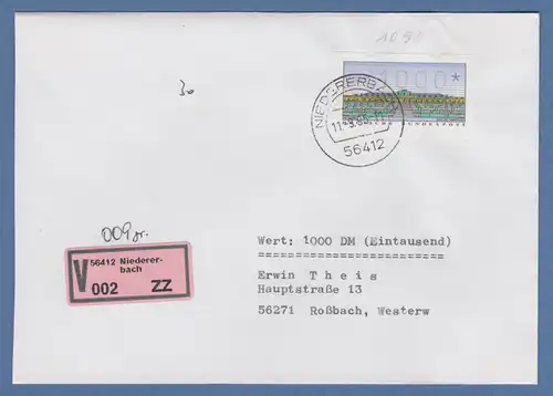 ATM 2.1.1 hoher Wert 1000 auf V-Brief, O Niedererbach 11.9.95, rücks. AK-O 