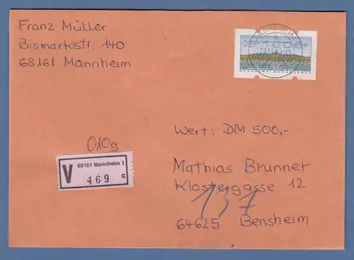 ATM 2.2.1 hoher Wert 1000 auf Wertbrief mit Tages-O MANNHEIM 20.11.93