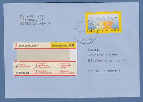 ATM 3.2 hoher Wert 410 auf R-Brief von BENSHEIM nach Lauterbach, ET 22.10.99