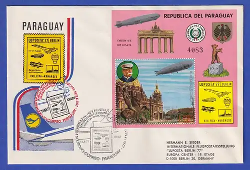 Paraguay 1977 Blockausgabe LUPOSTA Berlin Mi.-Nr. Bl. 299 auf Souvenir-Brief