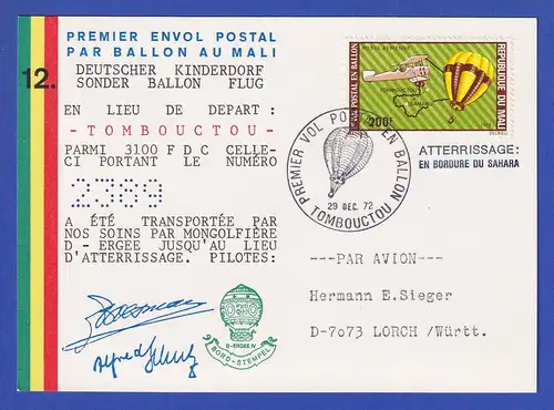 Mali Bollonpost-Postkarte Deutscher Kinderdorf-Ballonflug 1972