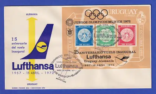 Uruguay 1972 Blockausgabe 15 Jahre Lufthansa-Flüge Mi.-Nr. Block 15 auf FDC