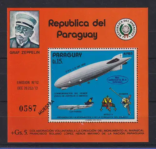 Paraguay 1975 Blockausgabe Luftschiff Graf Zeppelin Mi.-Nr. Block 246 ** MUESTRA